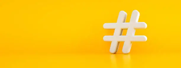 white hashtag symbol over yellow background, 3d render, panoramic mock-up