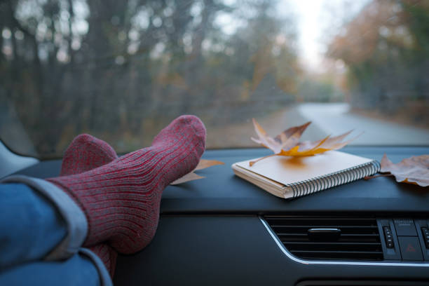 istock Woman feet in warm socks on car dashboard. 1310881917