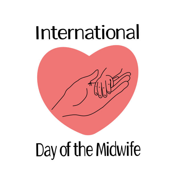 internationaler tag der hebamme, kontur einer erwachsenen hand und die hand eines neugeborenen, konzept für eine postkarte oder ein poster - midwife stock-grafiken, -clipart, -cartoons und -symbole