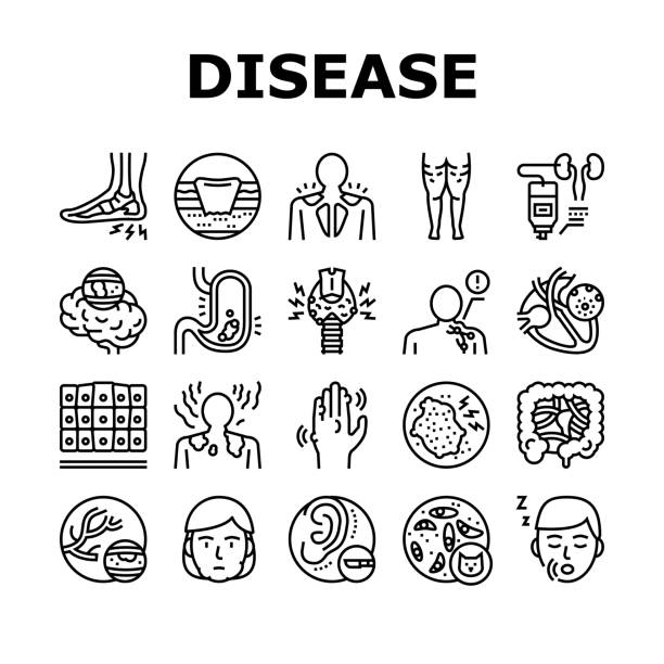 Disease Human Problem Collection Icons Set Vector Disease Human Problem Collection Icons Set Vector. Epithelial Tissue And Toxoplasmosis, Ear Surgery And Cellulite, Skin Itch And Lymphoma Disease Black Contour Illustrations salivary gland surgery stock illustrations