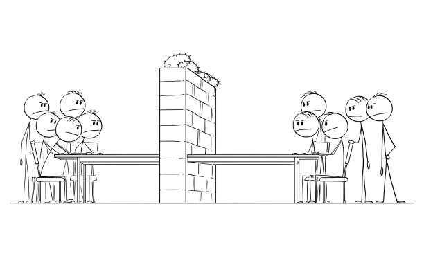 Negotiation Barrier, Two Groups of Politician or Businessmen Sitting at Table, Vector Cartoon Stick Figure Illustration Negotiation barrier, two groups on businessmen or politician sitting at table, vector cartoon stick figure or character illustration. funny contract stock illustrations