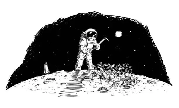 Vector illustration of Astronaut Farming on Moon, Mars or Distant Planet, Food Production in Space, Vector Cartoon Stick Figure Illustration