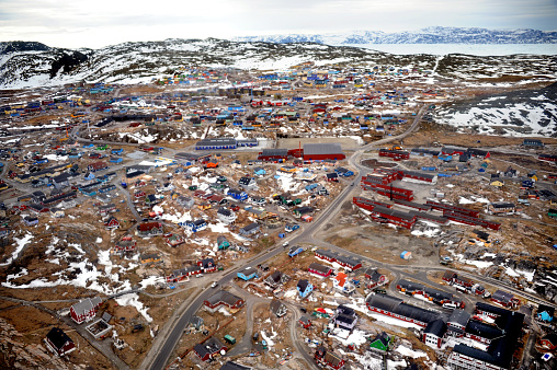 A panoramic view of Ilulissat in Greenland from the sky.