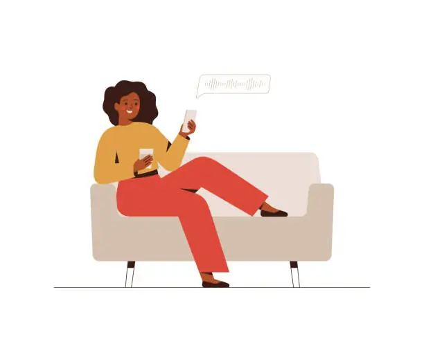 Vector illustration of Black woman listens to audio podcast or voice message. Happy African female sits on the couch, drinks coffee and communicates by an chat with friends.