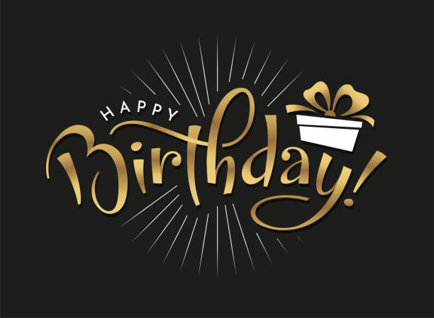 Happy Birthday hand drawn typography. Happy Birthday typography in golden color on black background. Birthday party invitation, greeting card, banner design with hand drawn lettering. Vector handwritten calligraphy. birthday stock illustrations