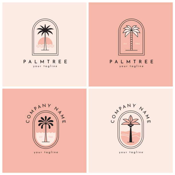 vier palmen-logo, emblem gesetzt ein - idylle stock-grafiken, -clipart, -cartoons und -symbole