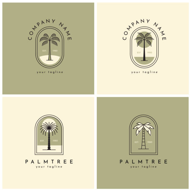 cztery logo palmy, emblemat ustawiony jeden - palm stock illustrations