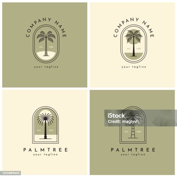 Vetores de Quatro Logotipo De Palmeira Emblema Definir Um e mais imagens de Logotipo - Logotipo, Praia, Coqueiro