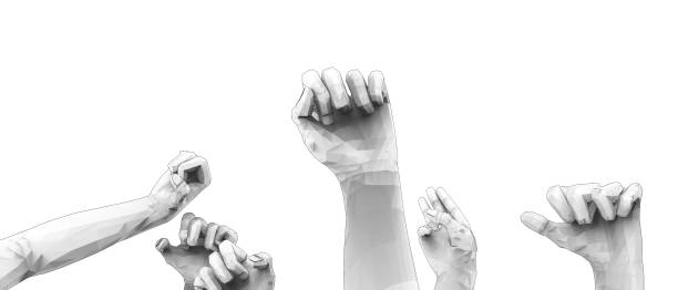 istock Hands with protests Revolution and Grey Background. protesters raised arm fist and Fight for Your Rights and Freedom Concept. Copy space, digital banner -3d Rendering 1310891849