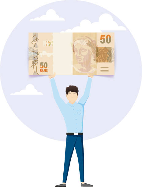 młody człowiek szukający niezależności finansowej, brazylijski prawdziwy banknot, ręce w górę i niebo jako tło - real people illustrations stock illustrations