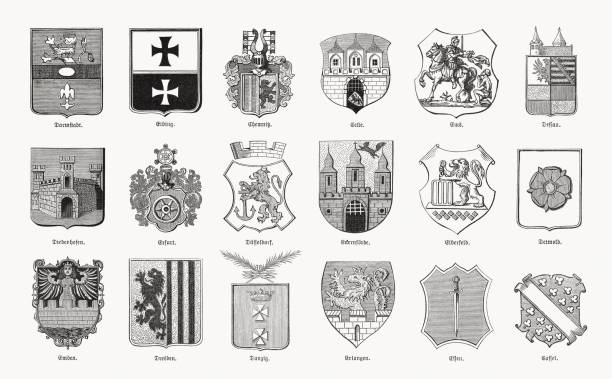 historische stadtwappen deutscher städte, holzschnitte, 1893 - deutsches wappen stock-grafiken, -clipart, -cartoons und -symbole