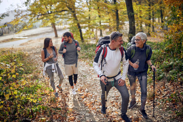 istock Group of hikers walking in forest 1310894813
