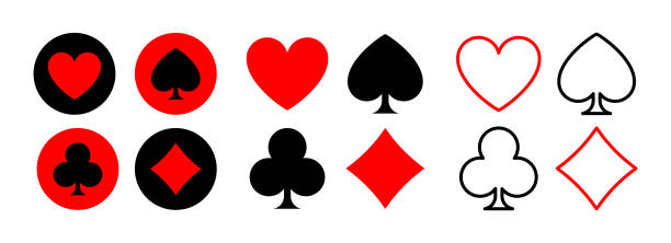 symbole garnituru karty izolowane na białym tle. czerwone serca i diamenty, czarne piki i pałki. ilustracja wektorowa - silhouette poker computer icon symbol stock illustrations