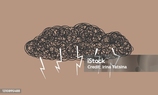 istock Abstract vector storm clouds with thunder hand drawn chaotic tangle of doodles.Sign bad weather,impending rain and storm,thunder rolls.Symbol stress,depression,psychosis,mental crisis personality,headache after suffering coronavirus. 1310895488