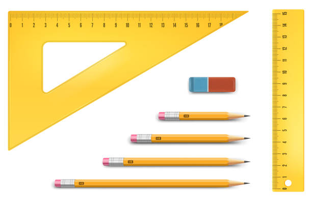 Ruler instruments Yellow ruler instruments and pencil, school equipment vector illustration. metric ruler stock illustrations