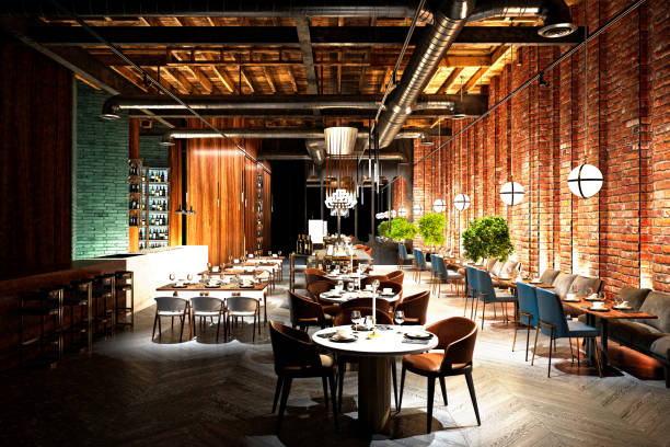 3d render of vintage cafe restaurant - indoors luxury restaurant store imagens e fotografias de stock