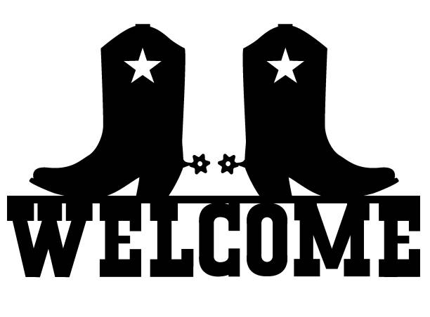 Welcome to Texas vector black graphic sign illustration with cowboy boots sihouette and welcome text isolated on white Welcome to Texas vector black graphic sign illustration with cowboy boots sihouette and welcome text isolated on white sheriff illustrations stock illustrations