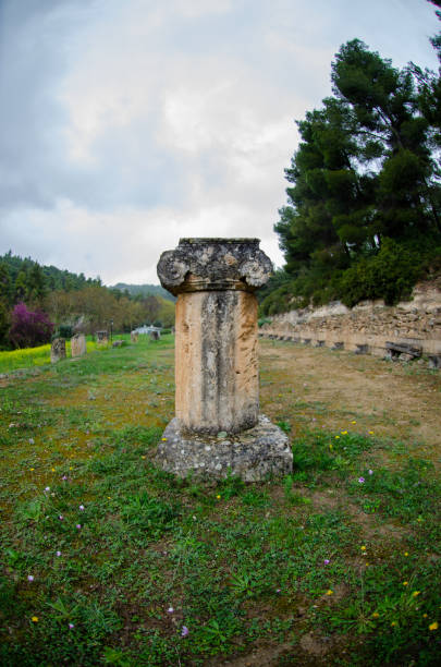 remnants of ancient civilizations el amphiareion de oropos grecia erosión natural, deterioro físico y químico de piedras naturales en estructuras históricas incluyen cristalización de sales solubles causando la intemperie de sal. dañó las columnas y estructuras del edificio stoa.