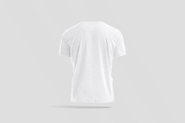 istock Blank white wrinkled t-shirt mockup, back view, gray background 1310904961