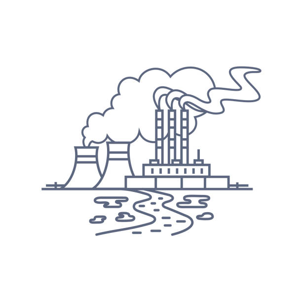 Thermal power plant line icon. Thermoelectric power station with smoke from chimneys and traces of soil and water pollution. Vector linear illustration on white background Thermal power plant line icon. Thermoelectric power station with smoke from chimneys and traces of soil and water pollution. Vector linear illustration on white background. nuclear reactor stock illustrations