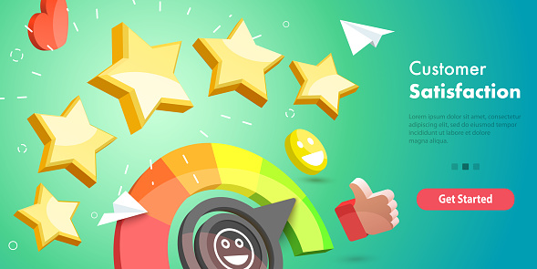 3D Vector Conceptual Illustration of Customer Satisfaction Survey, Five Stars Rating, Positive Opinion and Review.