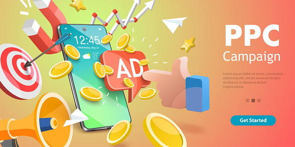 3DVector Conceptual Illustration of Mobile PPC, Digital Marketing Campaign, Pay Per Click Advertising, Affiliate Sales, Referral Program.