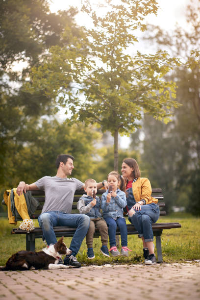 mom and dad enjoying with son and daughter sitting on a bench in park young mom and dad enjoying with son and daughter sitting on a bench in park park bench photos stock pictures, royalty-free photos & images