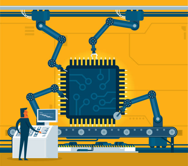 Semiconductor Manufacturing Process Semiconductor Manufacturing Process. Micro Processor on Industrial Manufacture Equipment. clean room stock illustrations