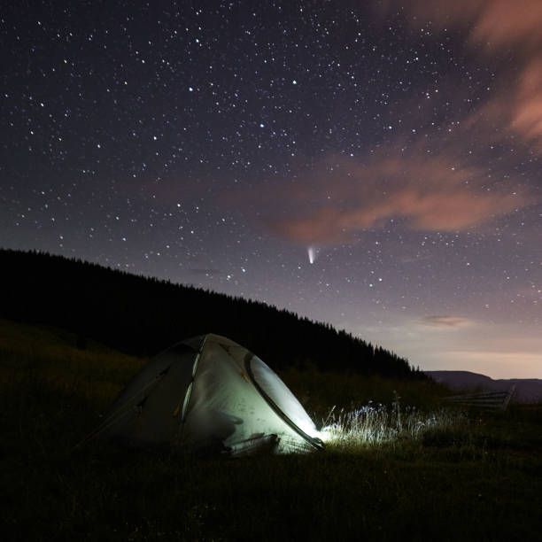 istock Blue tent near forest under starry sky. 1310912141
