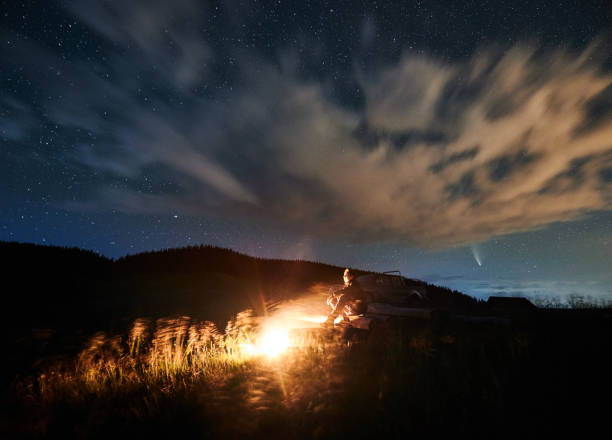 istock Human enjoying cozy bonfire and beautiful starry sky. 1310912163