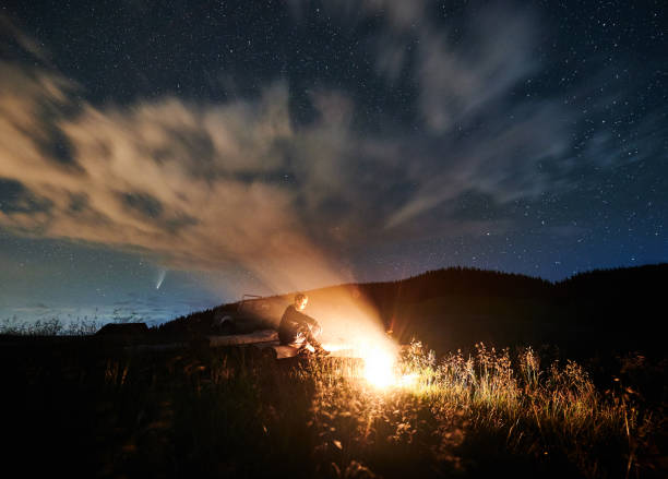 istock Man is relaxing in mountains and lighting fire. 1310912167