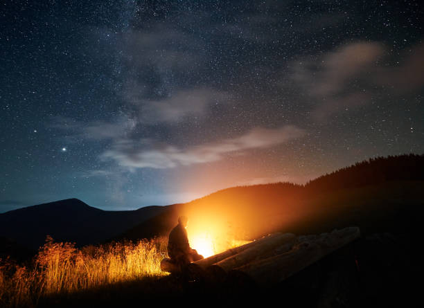 istock Human enjoying nature and beautiful view starry sky. 1310912182
