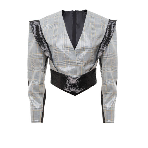 istock Women's fashionable jacket in sequins white background, invisible mannequin 1310913507