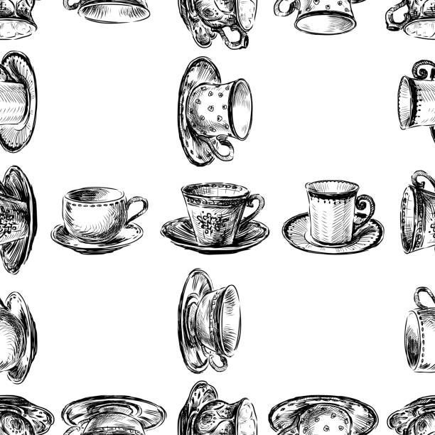бесшовный узор эскизов различных фарфоровых чайных чашек - tea cup illustrations stock illustrations
