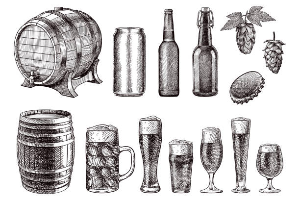 vektorzeichnungen von biergegenständen - bierflasche stock-grafiken, -clipart, -cartoons und -symbole