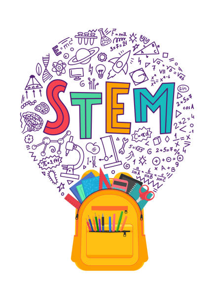 STEM STEM. Open backpack full of school stationery with STEM education doodles in form of lamp. Science, technology, engineering, mathematics. stem education stock illustrations