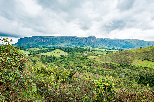 Brazilian eco tourism landscape of Minas Gerais state at Serra da Canastra region, at São Roque de Minas city. Far view of the sierra on a cloudy day.