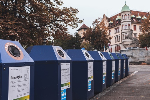 Zurich, Switzerland - September 2020: Trash bins with specified separation