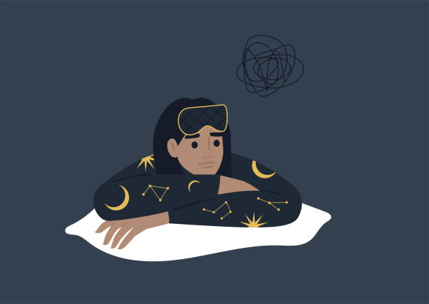 Insomnia concept, a young female character having a sleep disorder and suffering at night Insomnia concept, a young female character having a sleep disorder and suffering at night insomnia illustrations stock illustrations