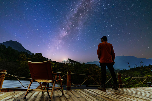 Traveler watching the stars outdoors under the starry sky