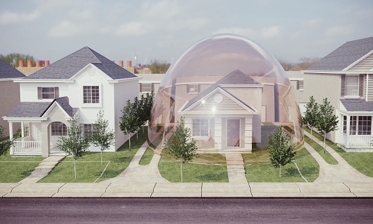 House under quarantine with a glass bubble on the street. ( 3d render )