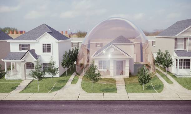Quarantine Concept House under quarantine with a glass bubble on the street. ( 3d render ) protection stock pictures, royalty-free photos & images