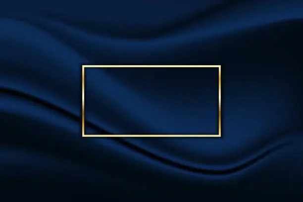 Vector illustration of Luxury frame line rectangle golden border and overlapping decoration on crumpled fabric blue dark background. Vector illustration