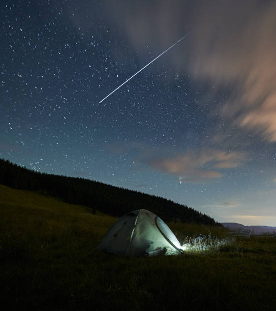 istock Blue tent near forest under starry sky. 1310925986