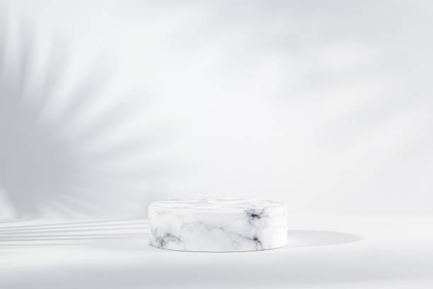 istock Minimal marble podium background for product presentation. Leaf shadow on white plaster wall. 1310926155