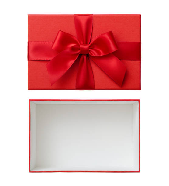 Open rectangular red gift box and lid with red ribbon bow cut out on white background Gift box, open, cut out, directly above, red, christmas present, valentine's day - holiday present box stock pictures, royalty-free photos & images