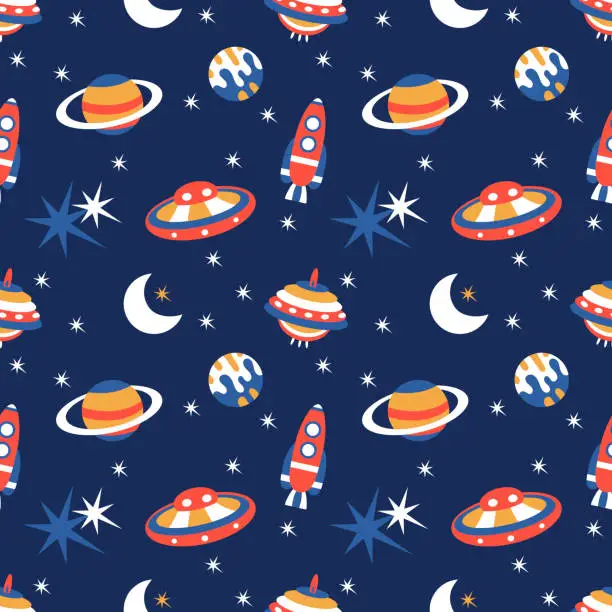 Vector illustration of Seamless childish pattern with stars, planets, spaceship, moon, stars.