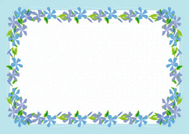 Vector illustration of Pastel Blue Frame with Vinca Major and Pastel Blue Polka Dot Background