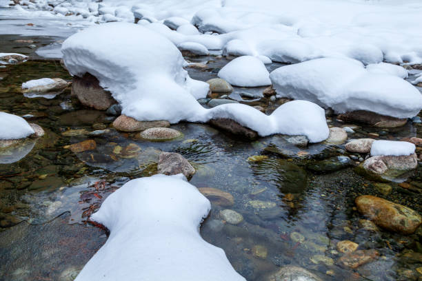 봄, 산강, 숲과 산의 유역에 눈, 눈이 녹는. - spring stream landscape boulder 뉴스 사진 이미지