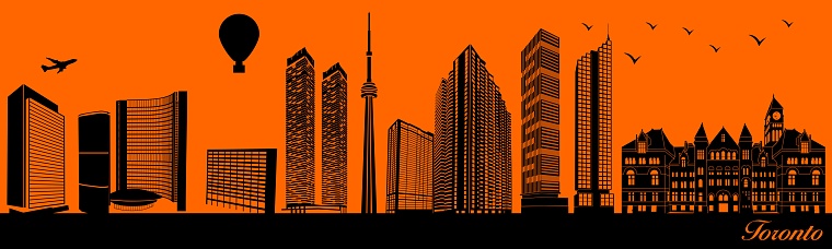 Vector city skyline silhouette - illustration, 
Town in orange background, 
Toronto Canada